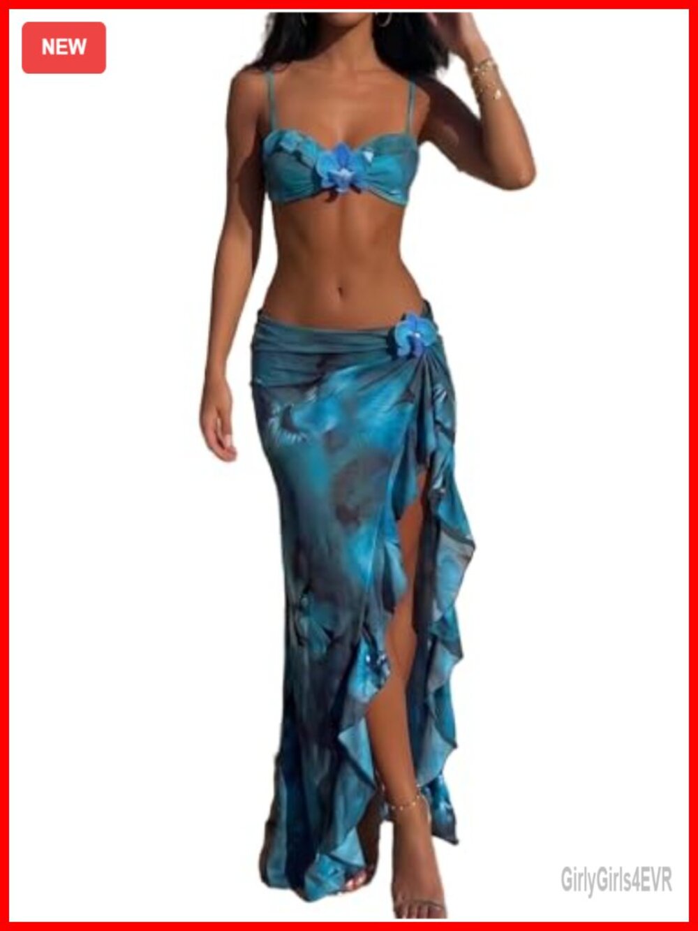 Women's Floral Bikini Set with Long Beach Skirt Cover Up 3 Piece